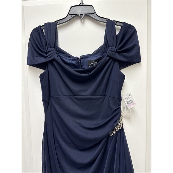 Alex Evenings Womens Size 6 Navy Blue Off Shoulder Draped Formal Gown Dress New - Picture 3 of 9